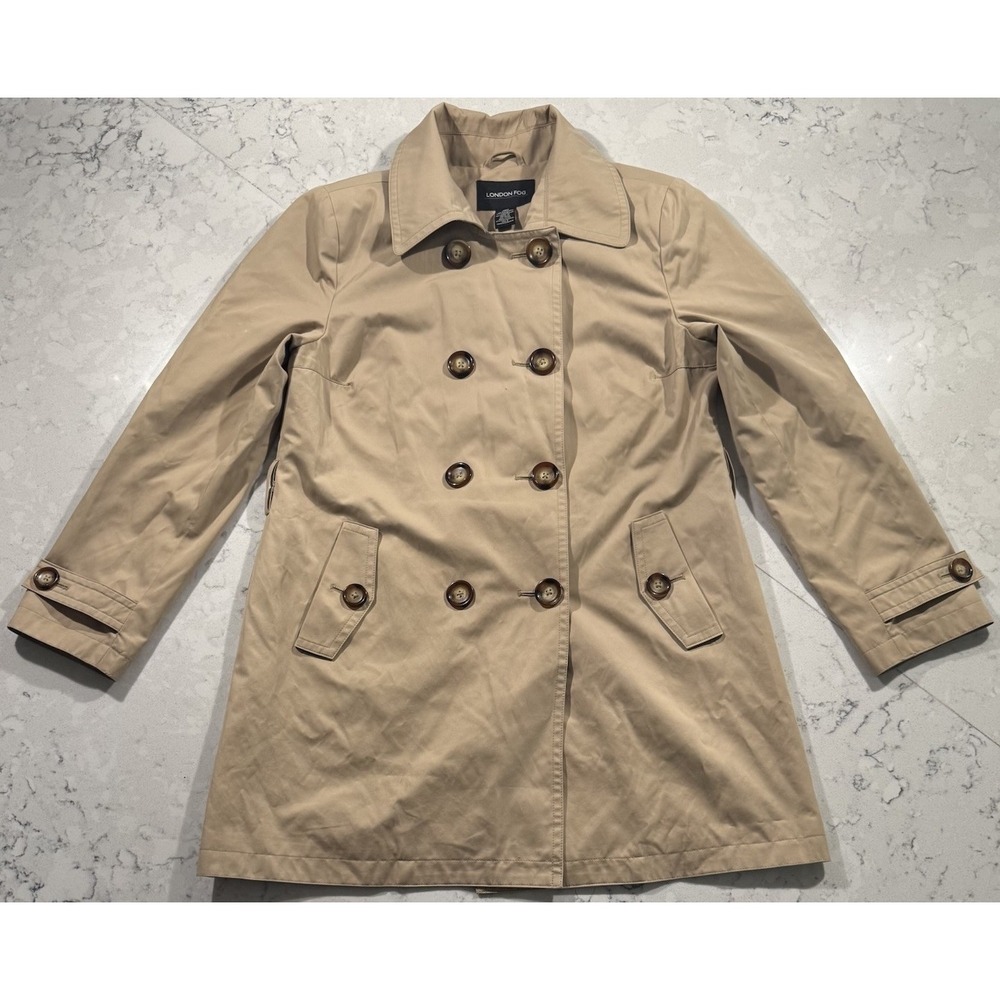 London Fog Double Breasted Trench Coat Womens Medium Khaki‎ All Weather Raincoat